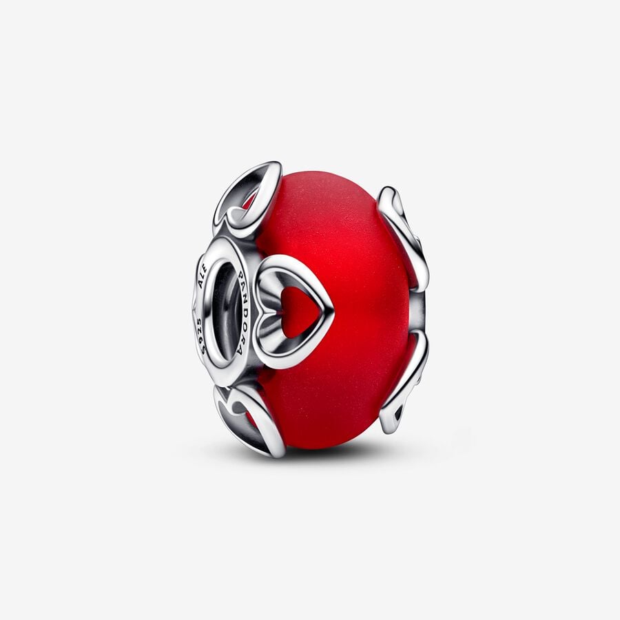Pandora Frosted Red Murano Glass & Hearts Charm