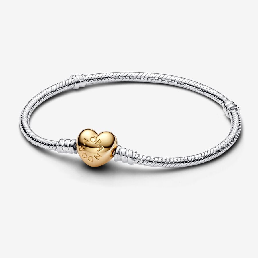 Pandora Moments Heart Clasp Snake Chain Bracelet Gold X Silver
