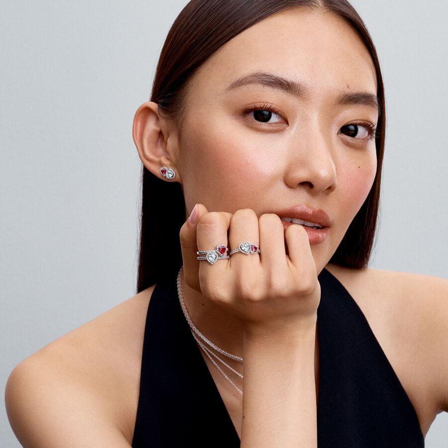 Pandora Halo Hearts Red&Clear Stones Ring Sterling Silver With Gift Box