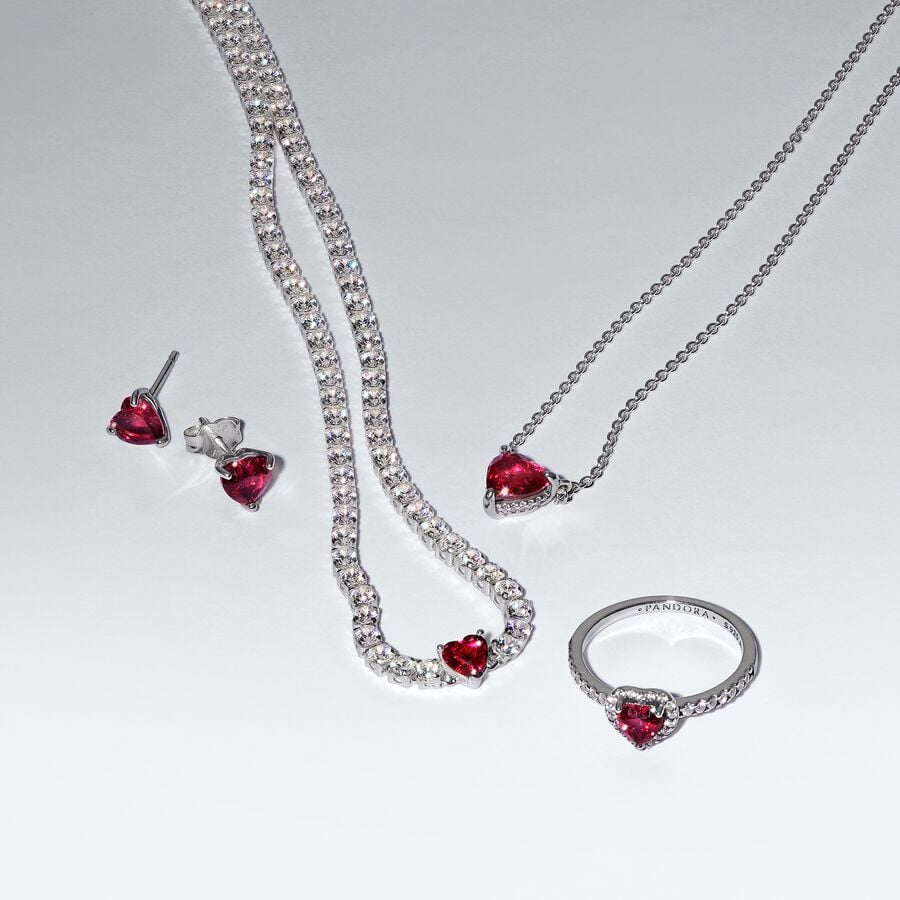 Pandora Red Sparkling Heart Tennis Bracelet Silver