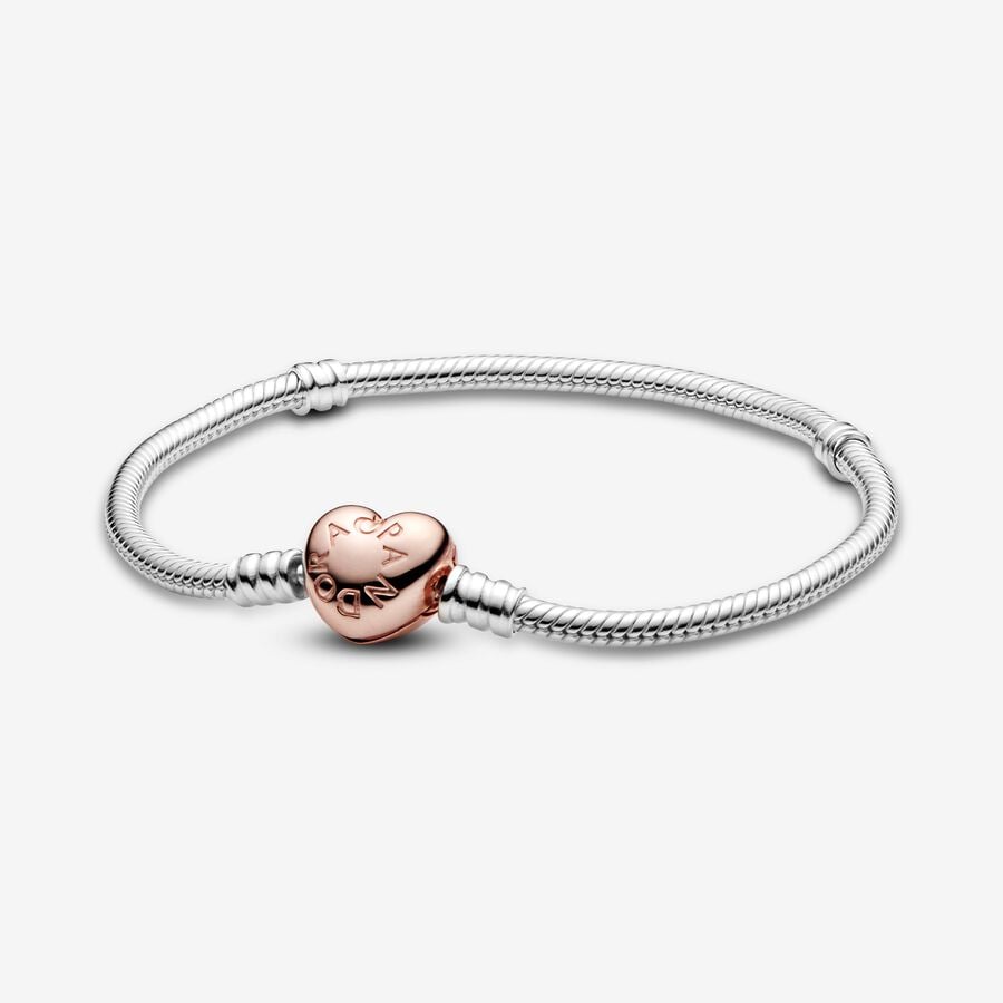 Pandora Moments Heart & Snake Chain Bracelet Rose Gold x Silver